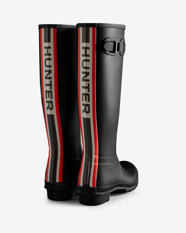 Hunter Tri-colour Logo Backstrap Tall Wellington Női Hosszúszárú Csizma Fekete | NCA-740569